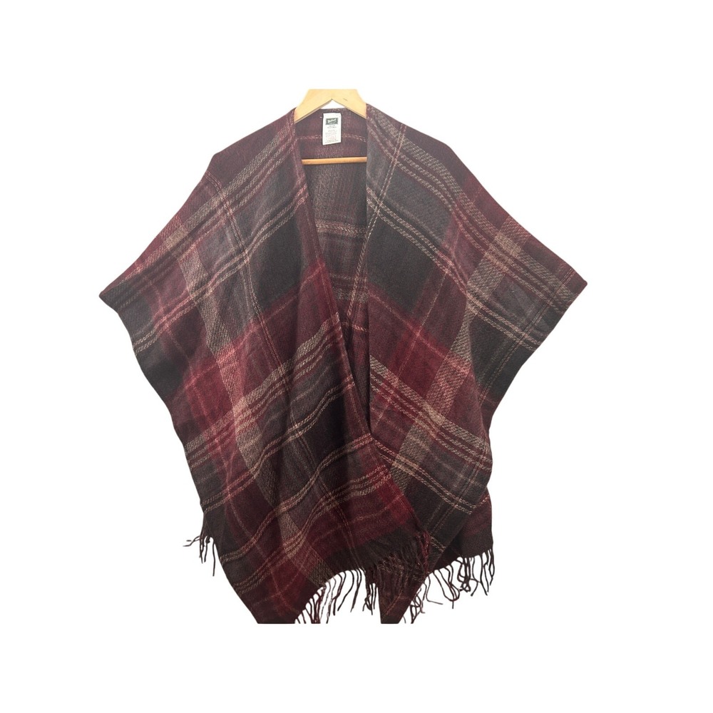 Woolrich Green Label Plaid‎ Poncho Wrap Burgundy Grey Fringe One Size 4199